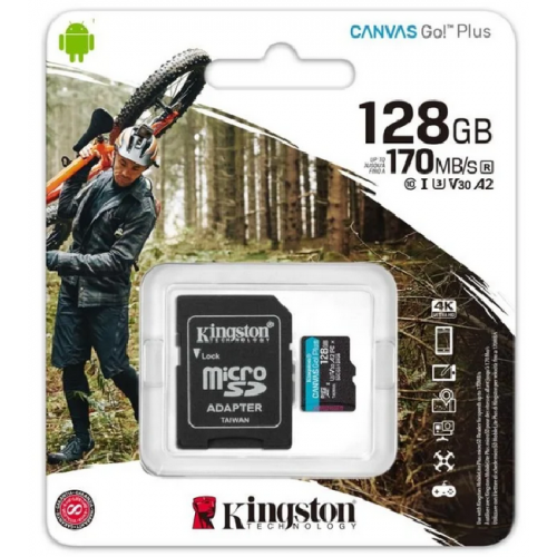 Карта памяти Kingston 128GB microSDXC Canvas Go Plus 170R/90W A2 U3 V30 Card + Adapter, SDCG3/128GB